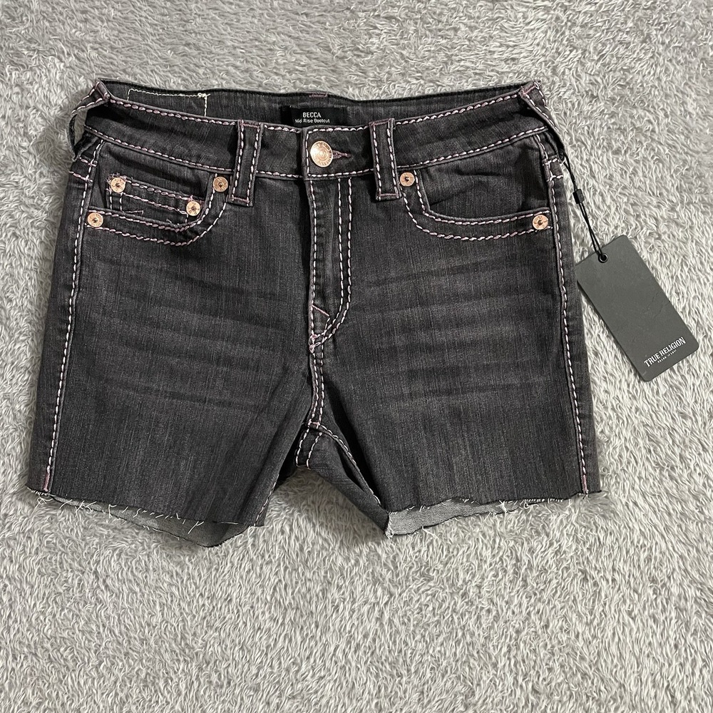 True Religion Jean Shorts Womens Size 27 Becca Mid Rise Bootcut Cutoffs Charcoal